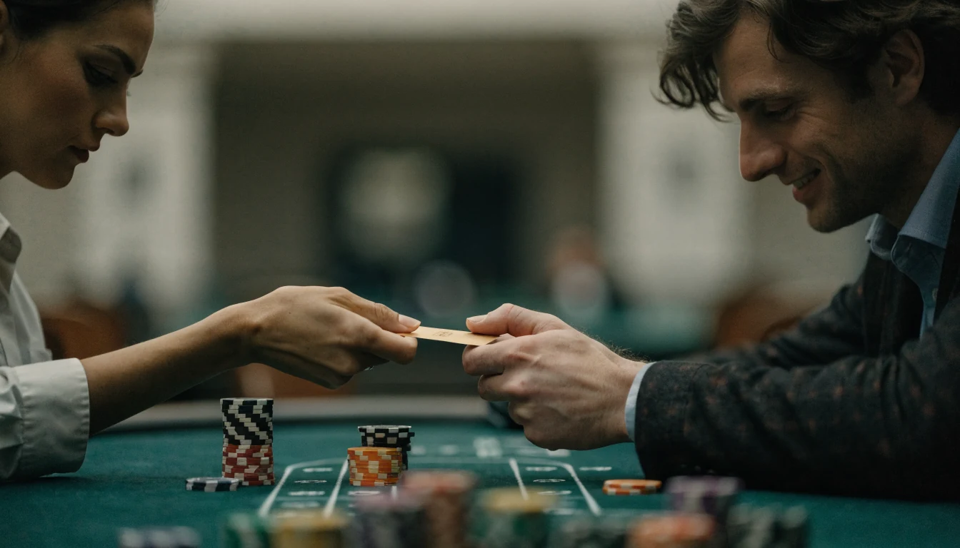 Dealer entregando bono dorado a jugador en mesa de casino