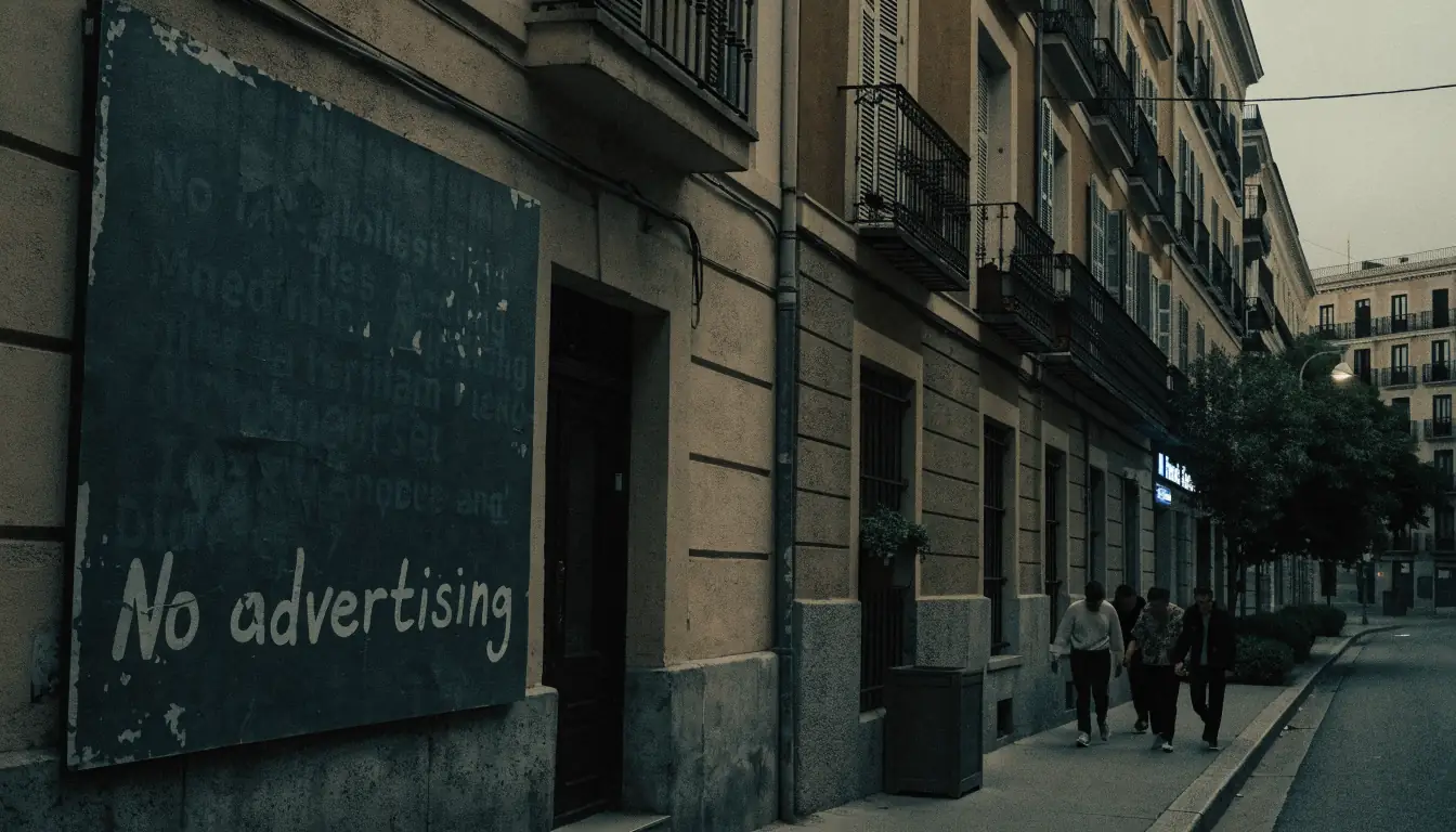 Calle nocturna de Madrid con cartel prohibiendo publicidad de juego